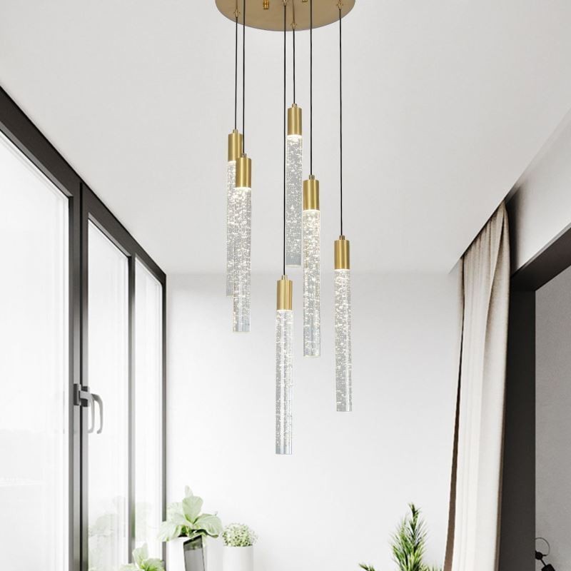 Lámpara colgante de techo con columna de cristal de cobre