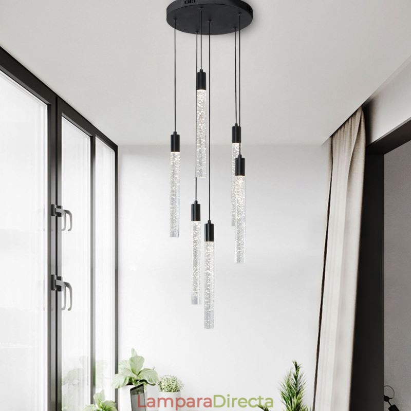 Lámpara colgante de cristal negro con forma de columna y luz de techo