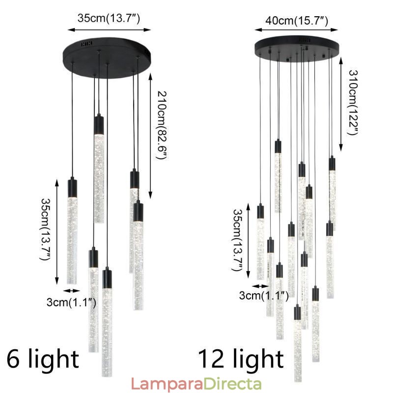 Lámpara colgante de cristal negro con forma de columna y luz de techo