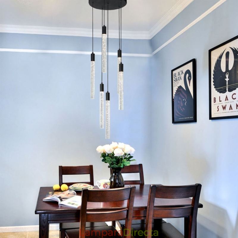 Lámpara colgante de cristal negro con forma de columna y luz de techo