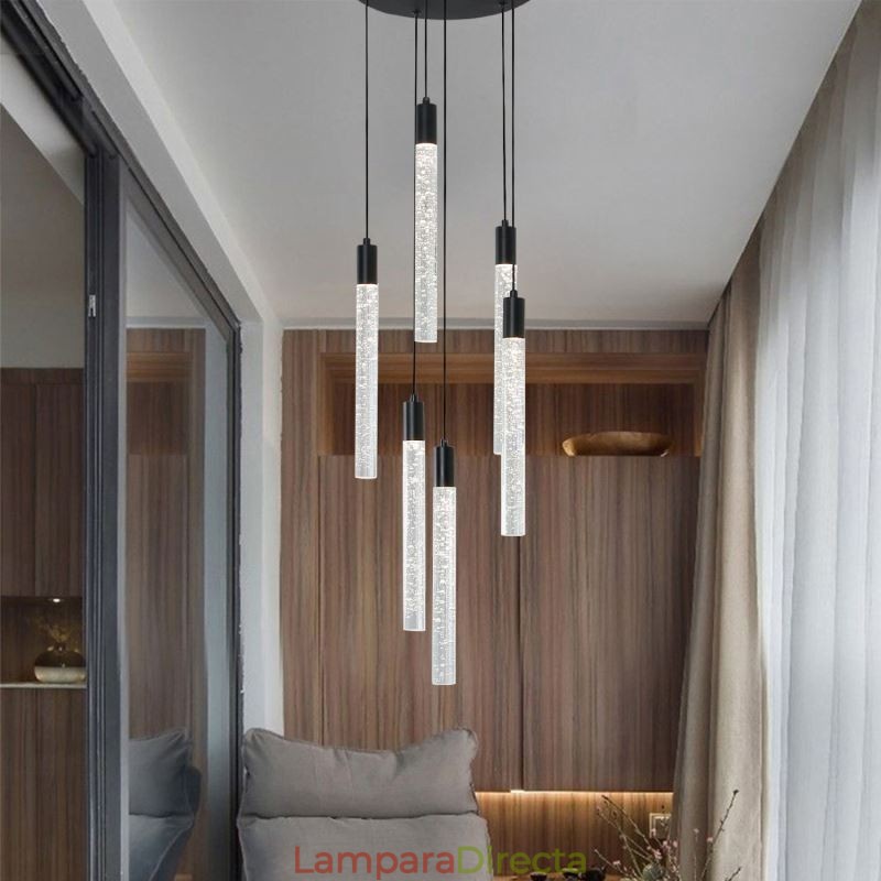 Lámpara colgante de cristal negro con forma de columna y luz de techo