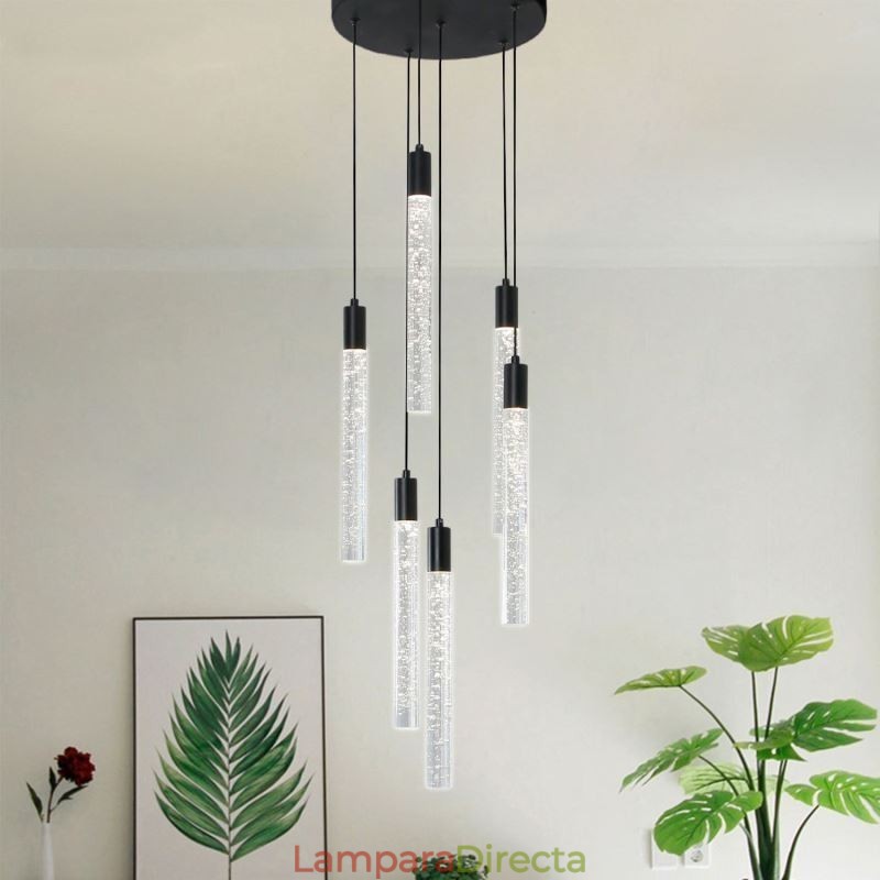 Lámpara colgante de cristal negro con forma de columna y luz de techo