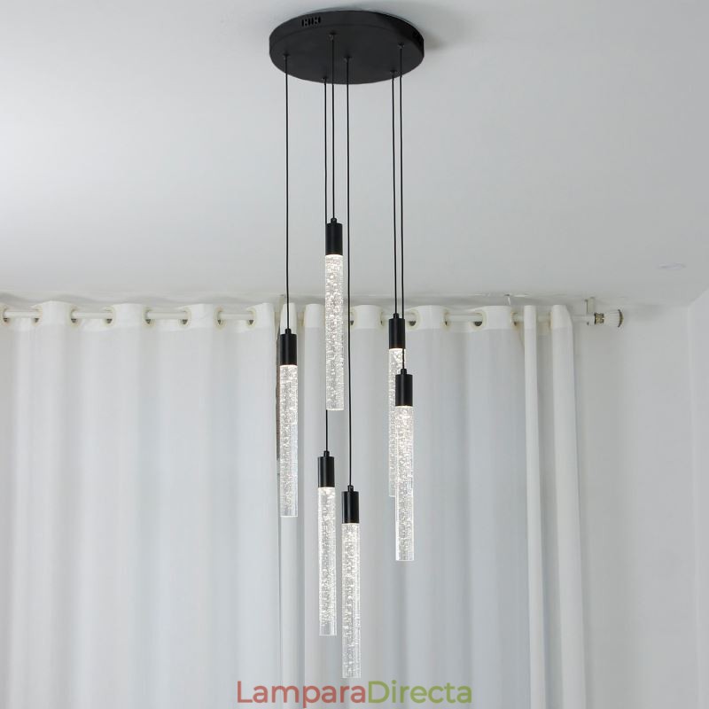 Lámpara colgante de cristal negro con forma de columna y luz de techo