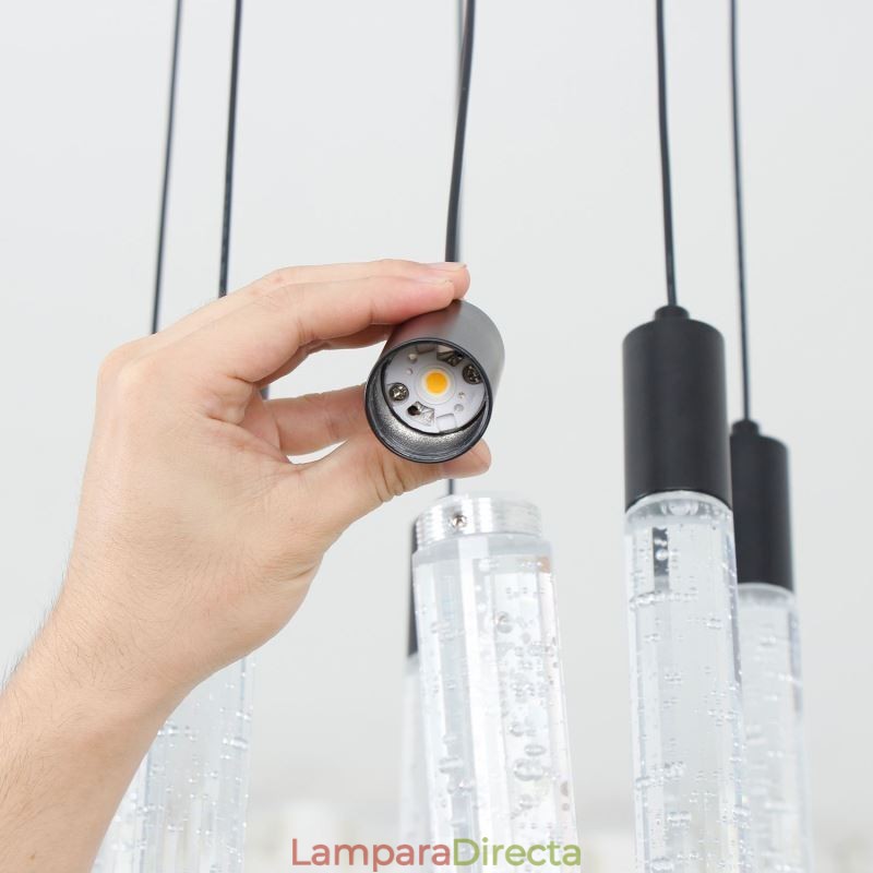 Lámpara colgante de cristal negro con forma de columna y luz de techo