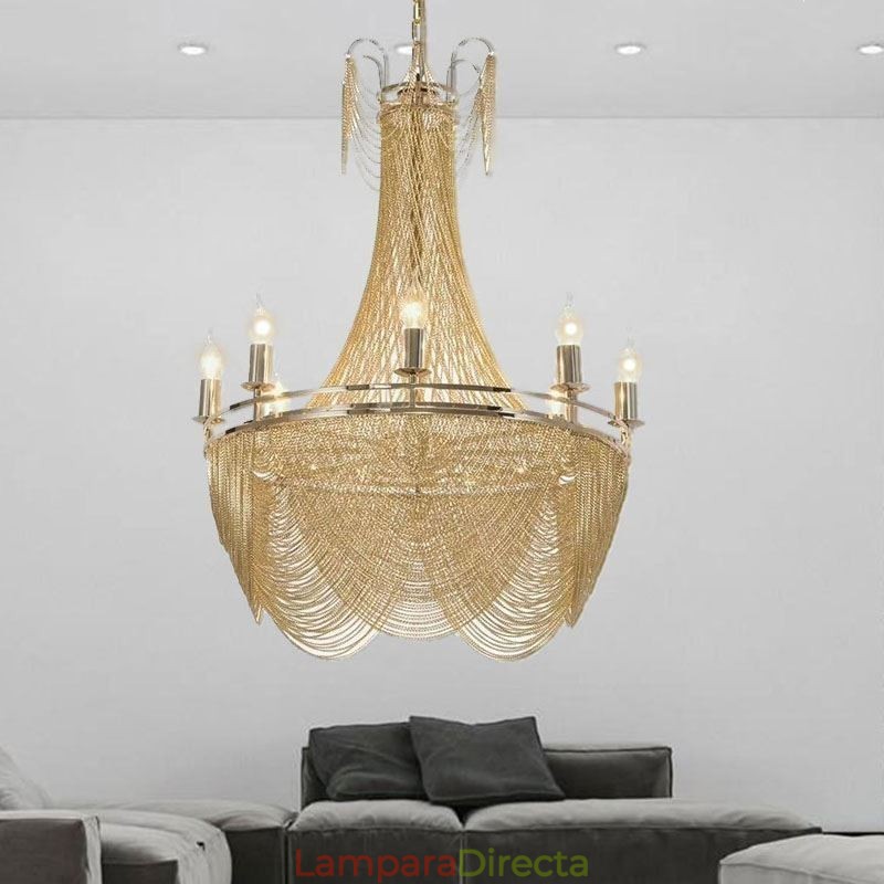 Lámpara colgante de cadena de aluminio, luz creativa, luz decorativa de lujo con borlas, luz dorada y plateada