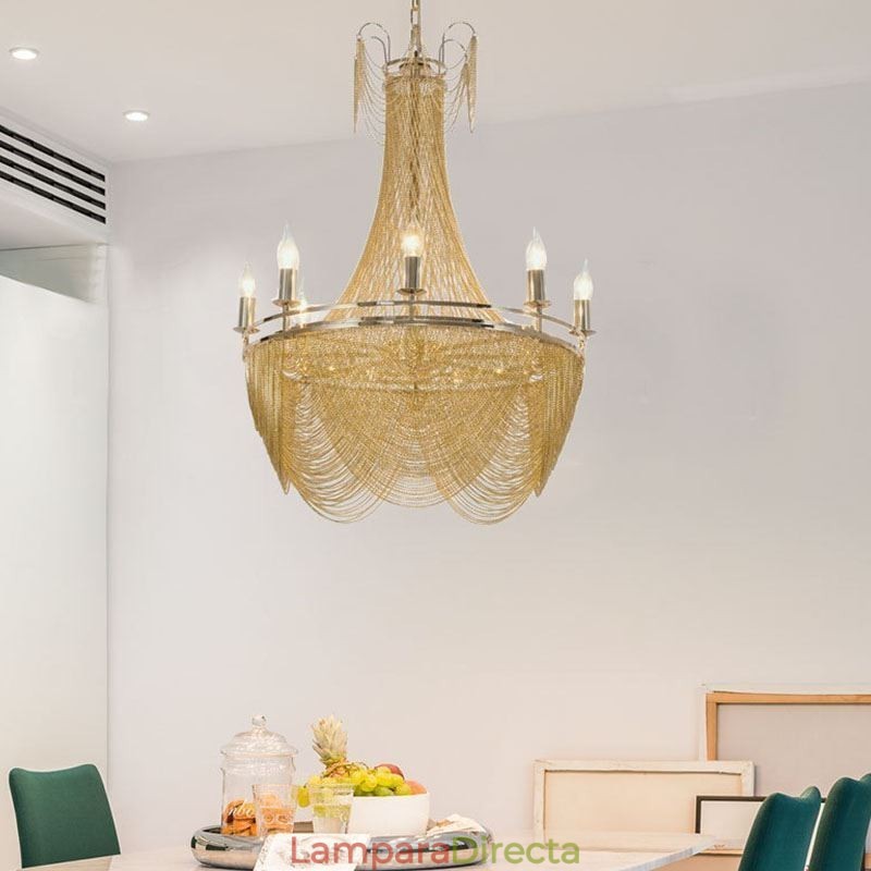 Lámpara colgante de cadena de aluminio, luz creativa, luz decorativa de lujo con borlas, luz dorada y plateada