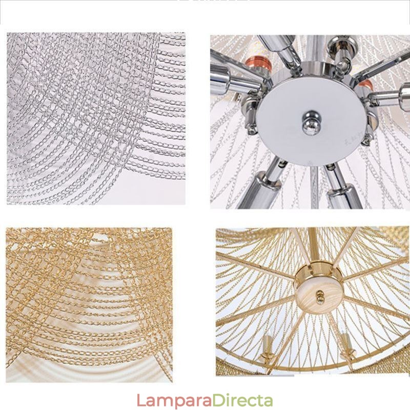 Lámpara colgante de cadena de aluminio, luz creativa, luz decorativa de lujo con borlas, luz dorada y plateada