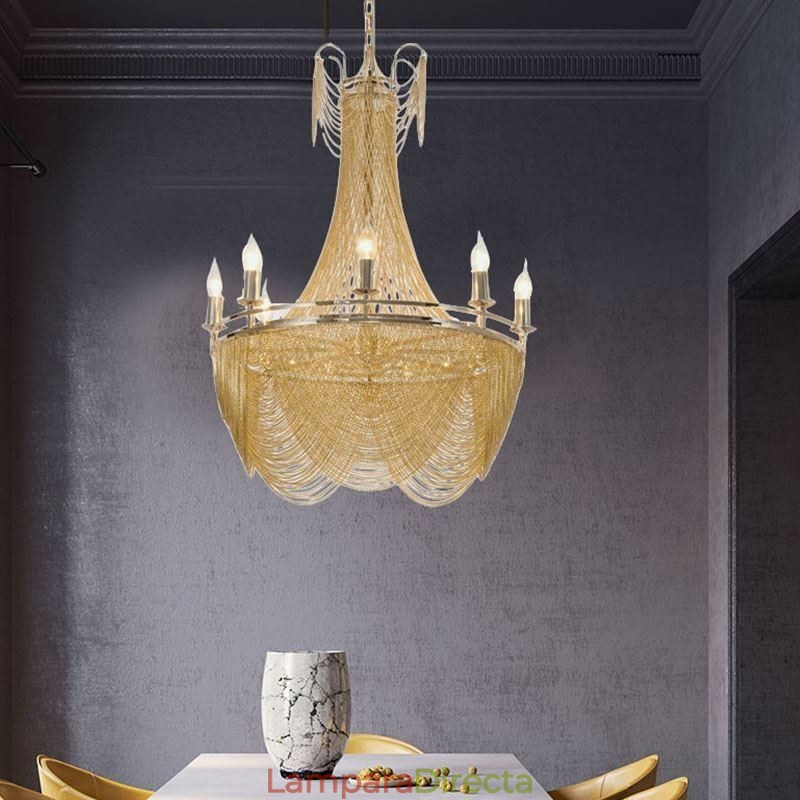 Lámpara colgante de cadena de aluminio, luz creativa, luz decorativa de lujo con borlas, luz dorada y plateada