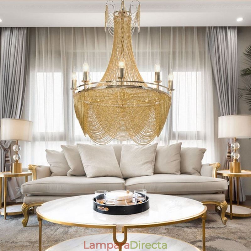 Lámpara colgante de cadena de aluminio, luz creativa, luz decorativa de lujo con borlas, luz dorada y plateada
