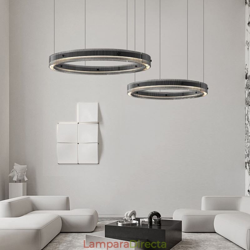 Lámpara colgante de techo de cristal de doble círculo de 60+80 cm, regulable sin escalonamientos con control remoto