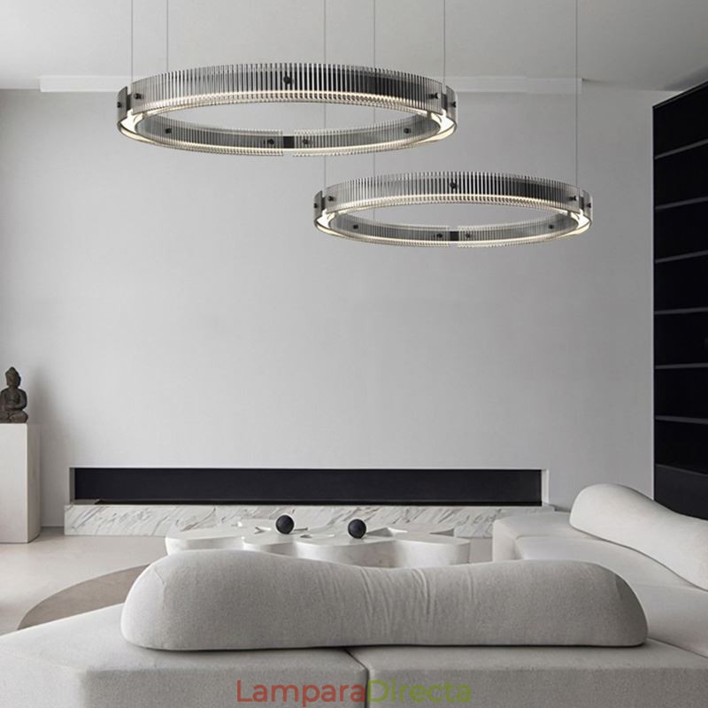 Lámpara colgante de techo de cristal de doble círculo de 60+80 cm, regulable sin escalonamientos con control remoto