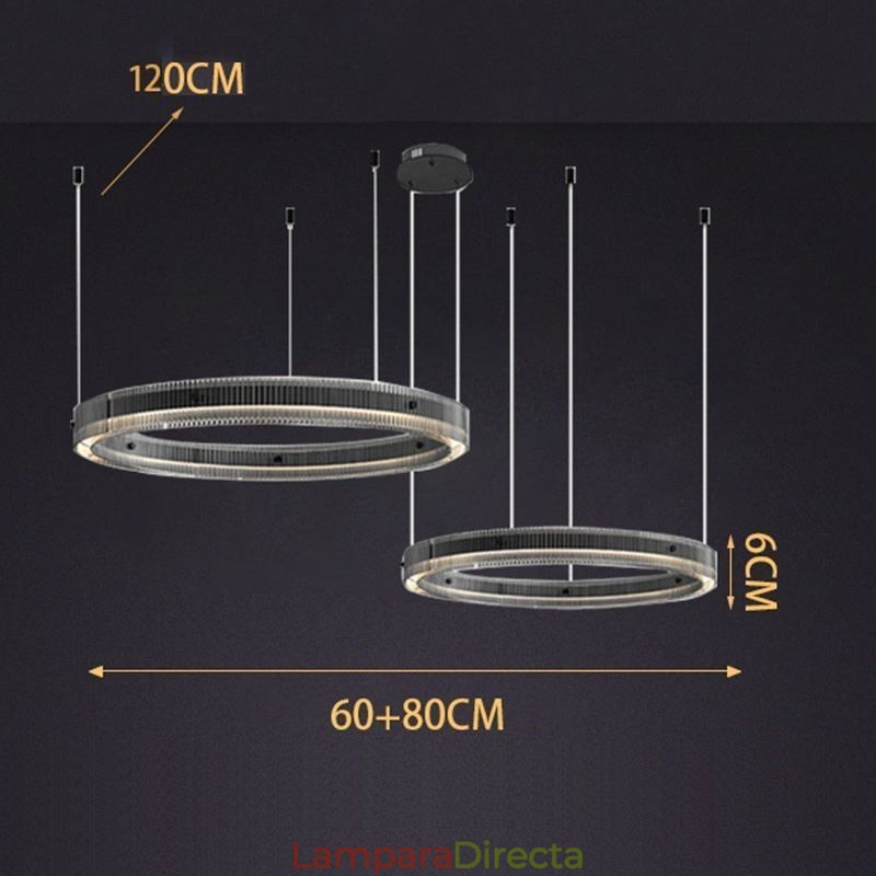 Lámpara colgante de techo de cristal de doble círculo de 60+80 cm, regulable sin escalonamientos con control remoto