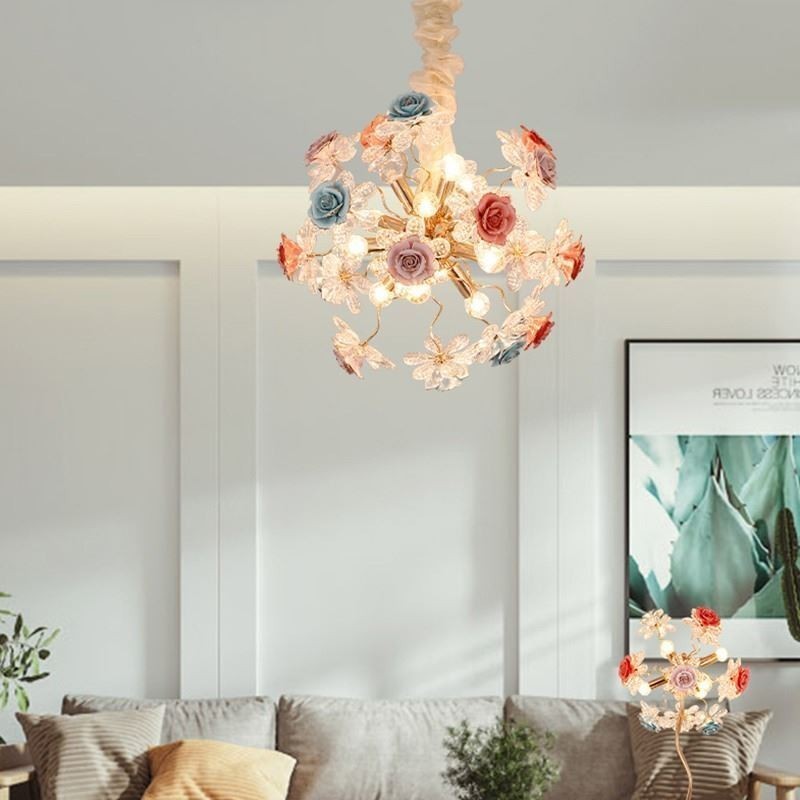 Lámpara colgante decorativa moderna con flores de cristal