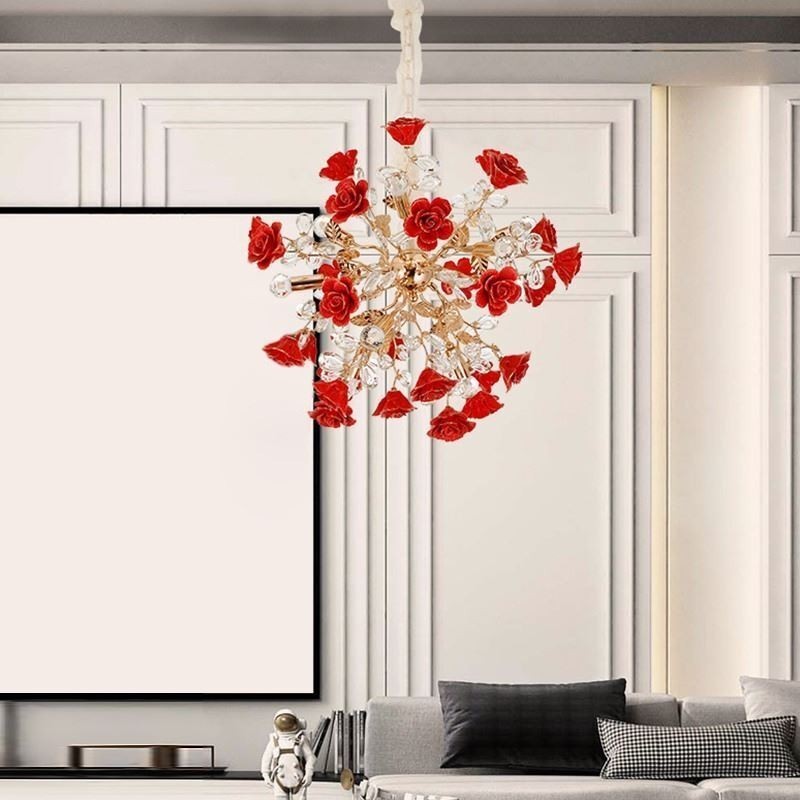 Lámpara colgante de lujo de cerámica con flores rojas