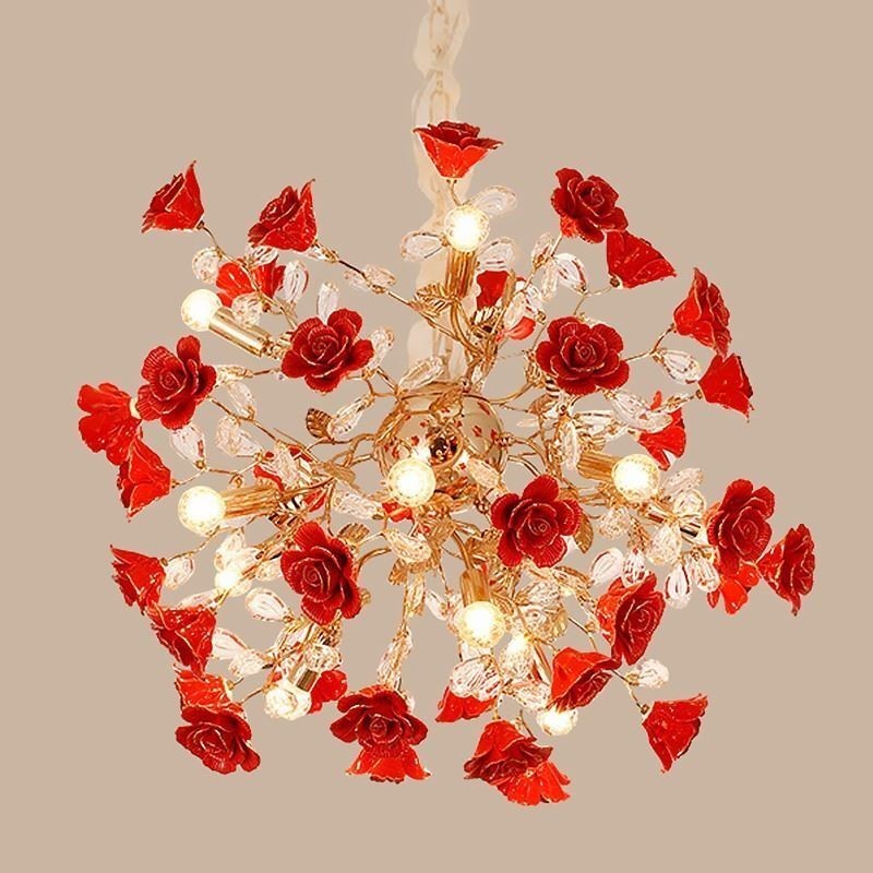Lámpara colgante de lujo de cerámica con flores rojas