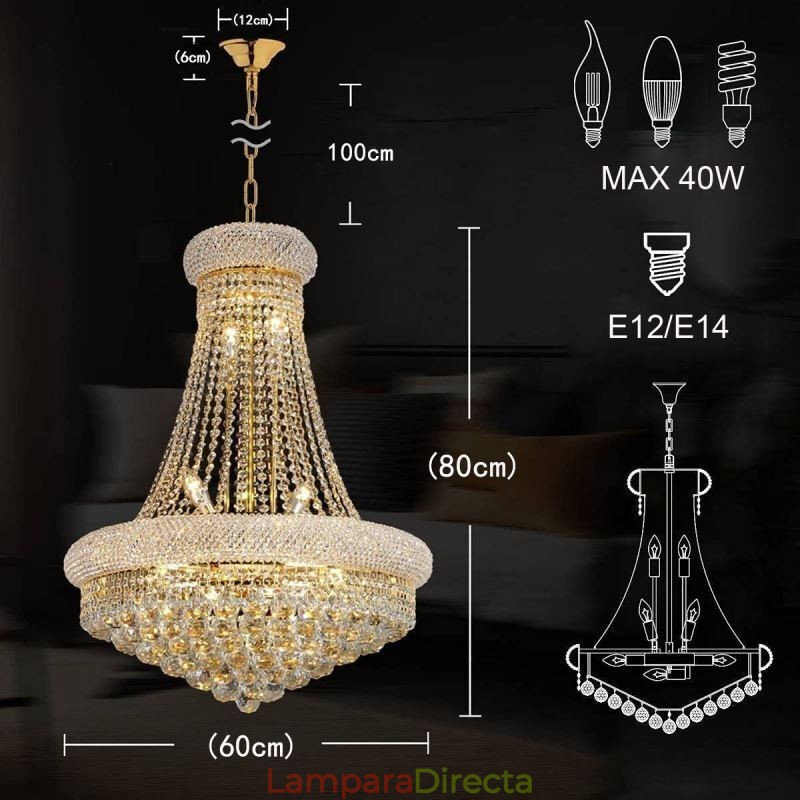 Lámpara colgante de cristal de lujo con forma de corona