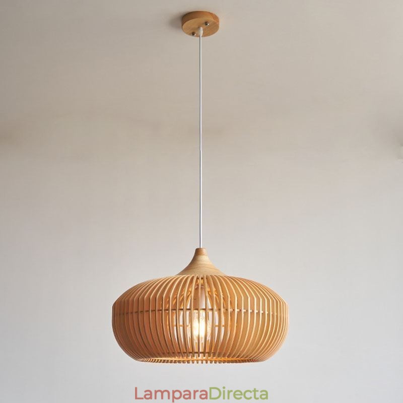 Lámpara colgante con marco de madera y forma de calabaza