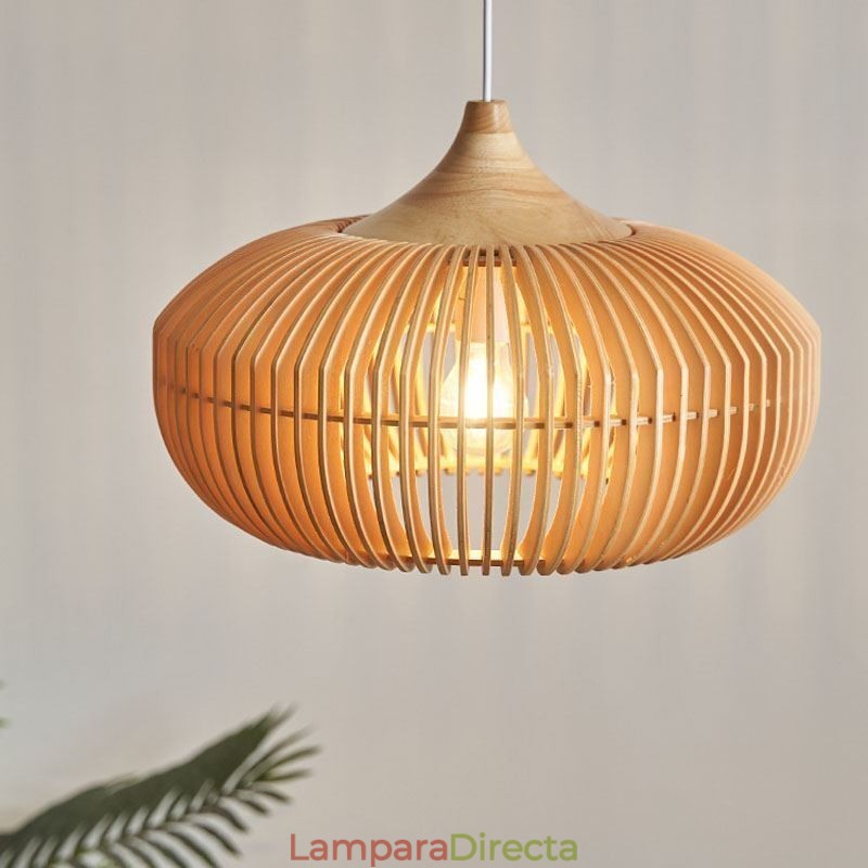 Lámpara colgante con marco de madera y forma de calabaza