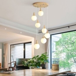 Lámpara colgante de madera japonesa, lámpara colgante de vidrio nórdico