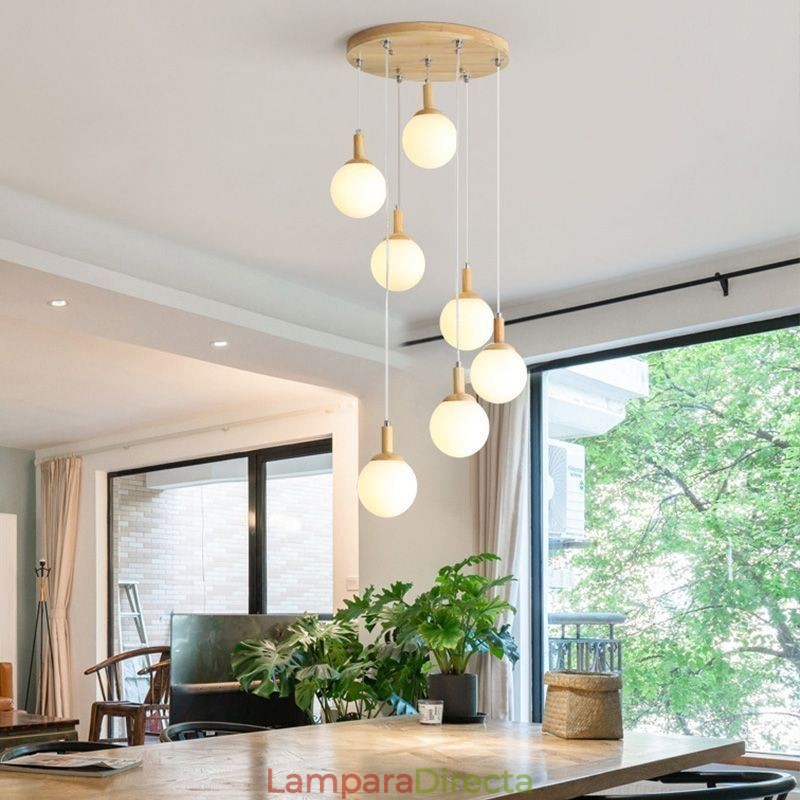 Lámpara colgante de madera japonesa, lámpara colgante de vidrio nórdico
