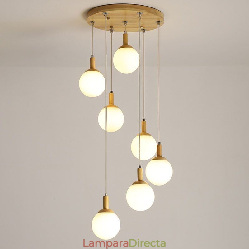Lámpara colgante de madera japonesa, lámpara colgante de vidrio nórdico