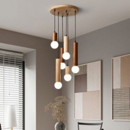 Lámpara colgante de madera japonesa de 6 luces