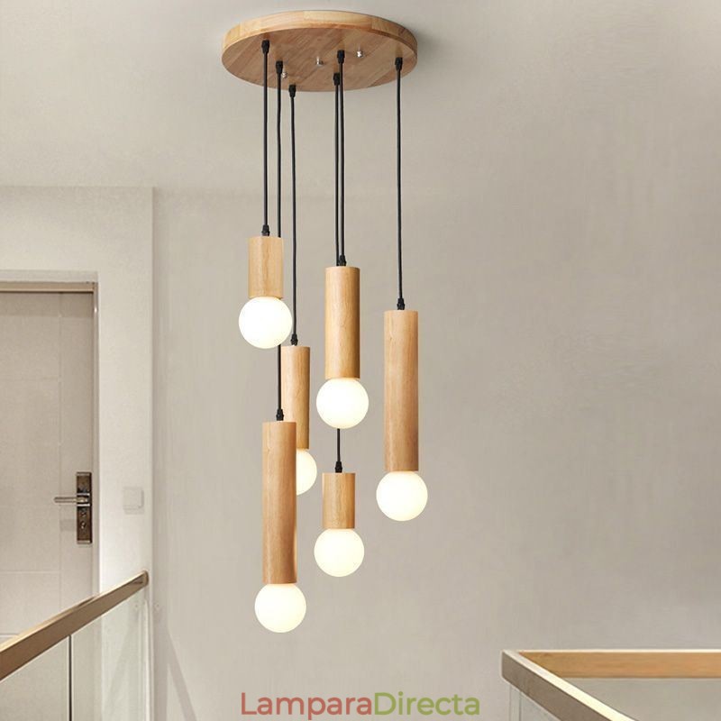 Lámpara colgante de madera japonesa de 6 luces