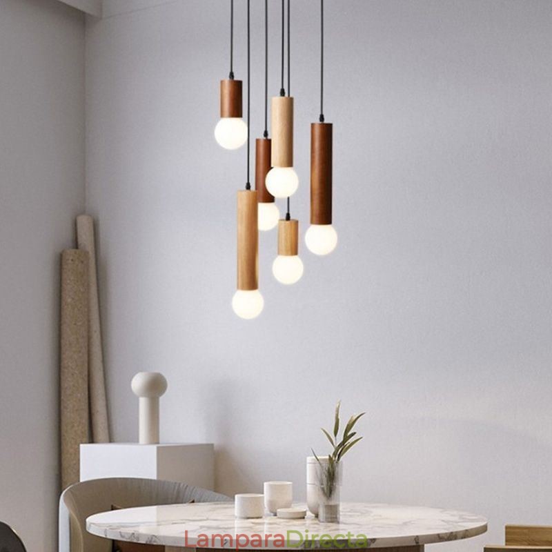 Lámpara colgante de madera japonesa de 6 luces
