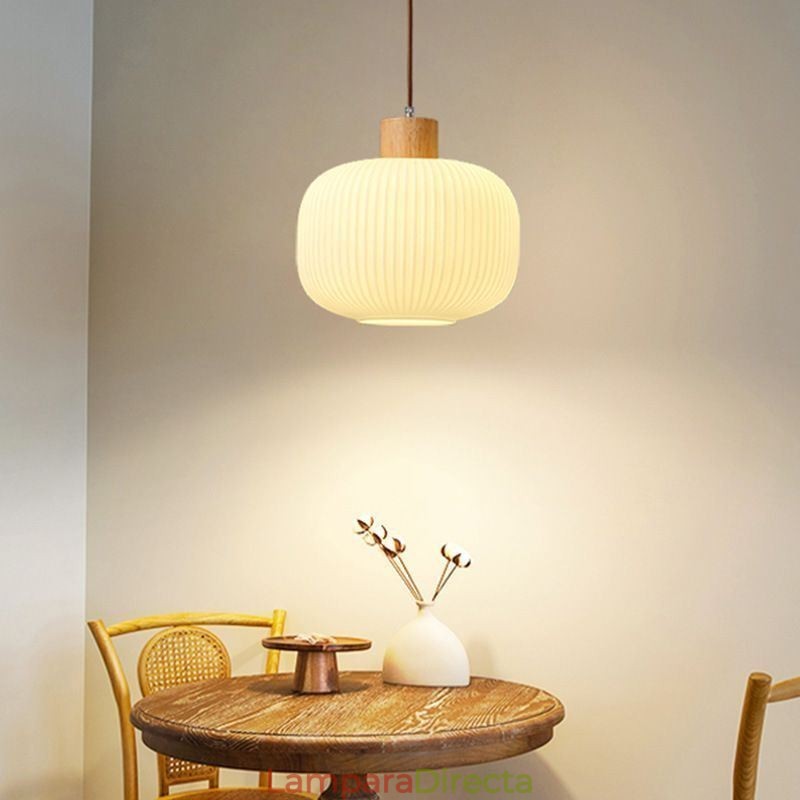 Lámpara colgante de madera japonesa con farol de cristal