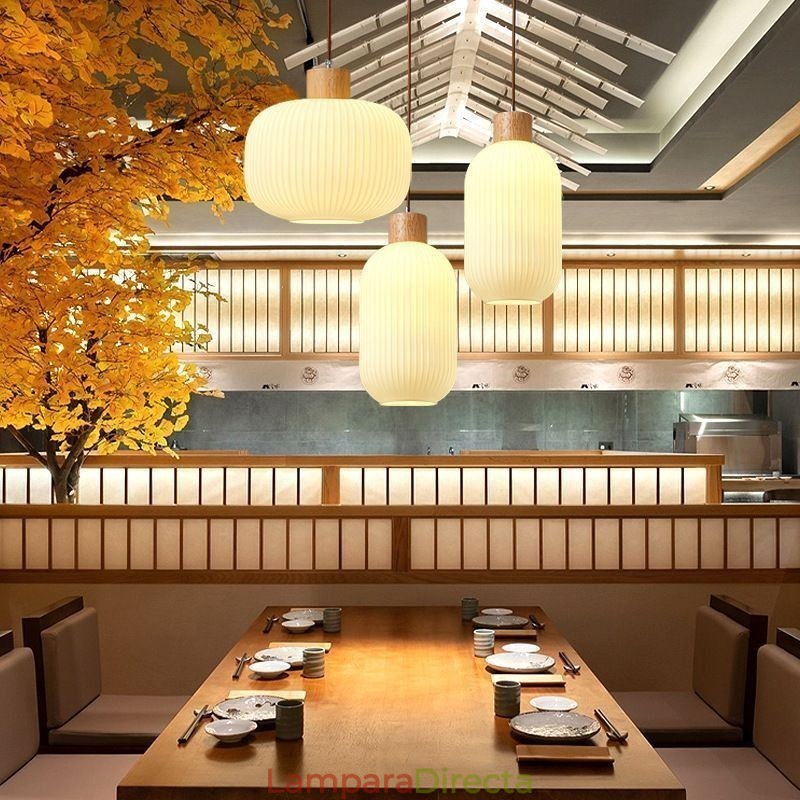 Lámpara colgante de madera japonesa con farol de cristal