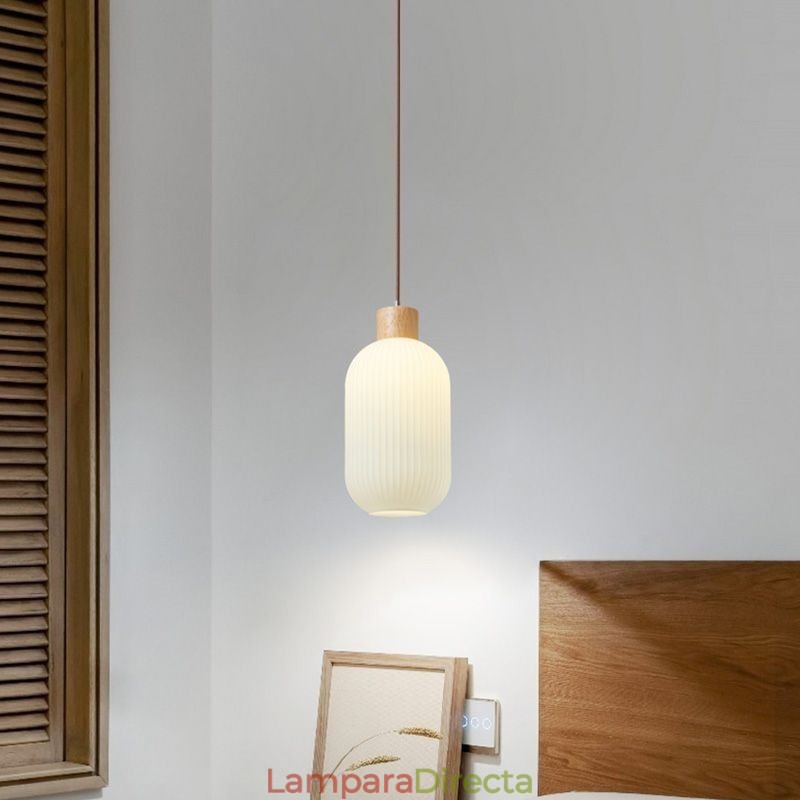Lámpara colgante de madera japonesa con farol de cristal