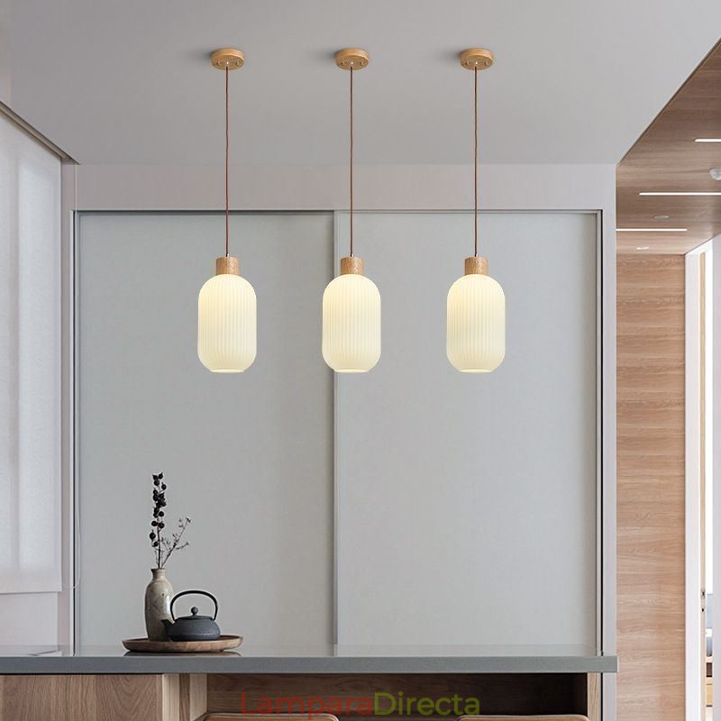 Lámpara colgante de madera japonesa con farol de cristal