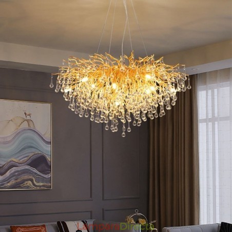 Lámpara colgante nórdica de cristal con forma de flor y pantalla redonda, de lujo, dorada Lámpara colgante nórdica de cristal con forma de flor y pantalla redonda, de lujo, dorada