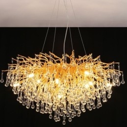 Lámpara colgante nórdica de cristal con forma de flor y pantalla redonda, de lujo, dorada
