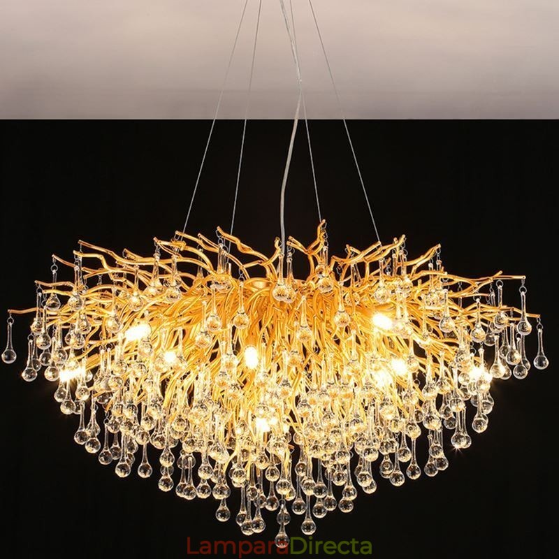 Lámpara colgante nórdica de cristal con forma de flor y pantalla redonda, de lujo, dorada