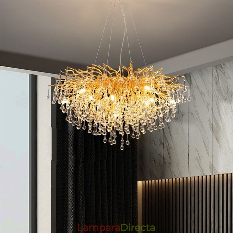 Lámpara colgante nórdica de cristal con forma de flor y pantalla redonda, de lujo, dorada