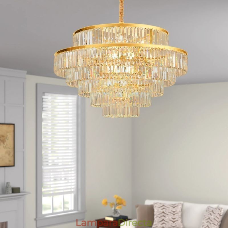 Lámpara colgante de cristal dorado de 5 niveles, iluminación de techo, 7 luces