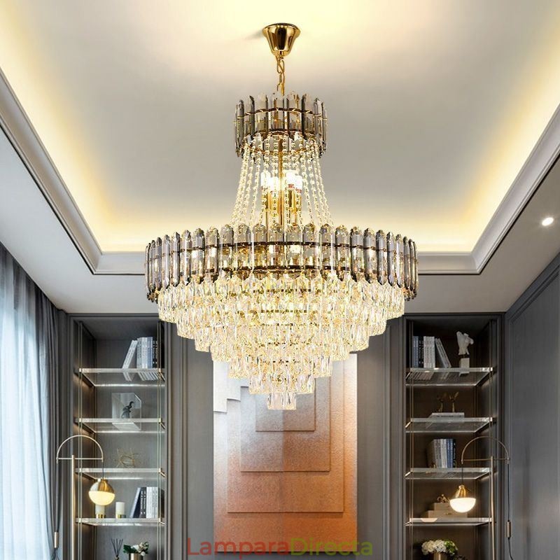 Lámpara colgante moderna de cristal dorado