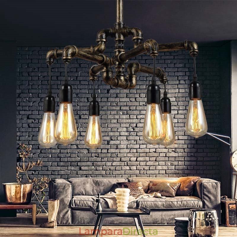 Lámpara colgante estilo rústico campestre con 6 luces estilo retro industrial vintage con forma de tubería de agua