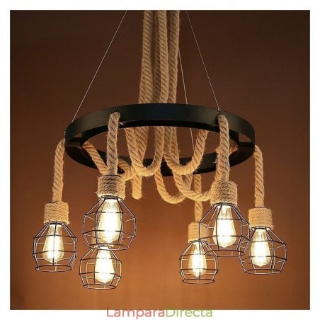 Lámpara colgante de cuerda de cáñamo de estilo retro de 6 cabezas con pantalla de hierro Lámpara colgante de cuerda de cáñamo de estilo retro de 6 cabezas con pantalla de hierro