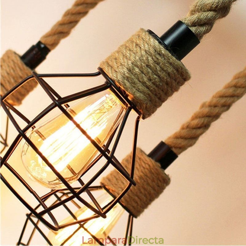 Lámpara colgante de cuerda de cáñamo de estilo retro de 6 cabezas con pantalla de hierro