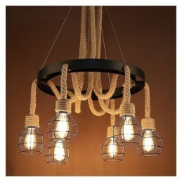 Lámpara colgante de cuerda de cáñamo de estilo retro con 6 luces y pantalla de hierro