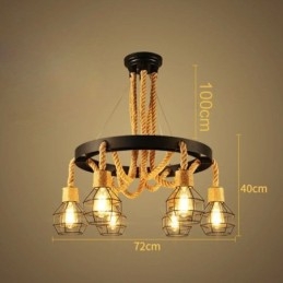 Lámpara colgante de cuerda de cáñamo de estilo retro con 6 luces y pantalla de hierro
