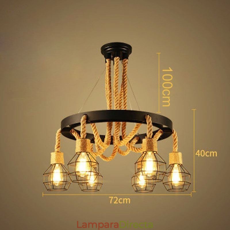 Lámpara colgante de cuerda de cáñamo de estilo retro con 6 luces y pantalla de hierro