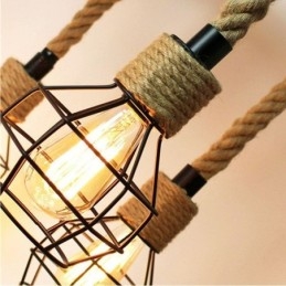 Lámpara colgante de cuerda de cáñamo de estilo retro con 6 luces y pantalla de hierro