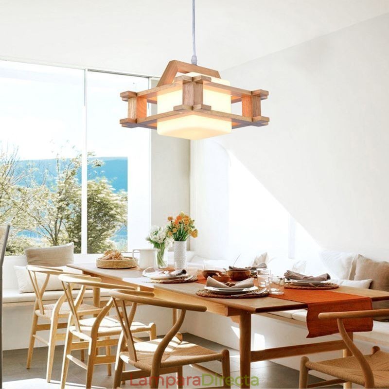 Lámpara colgante de roble de estilo nórdico con pantalla de vidrio esmerilado Cafe