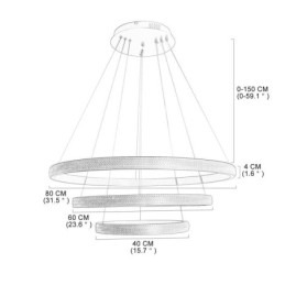 Lámpara colgante moderna de acrílico con 3 anillos, 80 + 60 + 40 cm