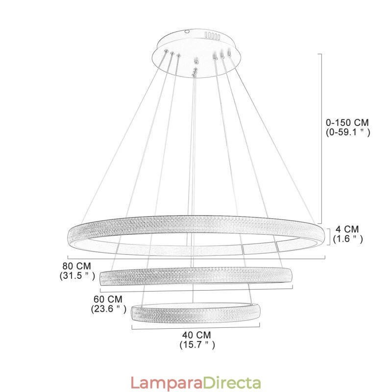 Lámpara colgante moderna de acrílico con 3 anillos, 80 + 60 + 40 cm