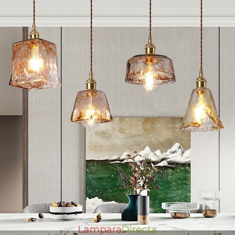 Lámpara colgante de cristal única en miniatura, estilo japonés, color ámbar, iluminación decorativa.