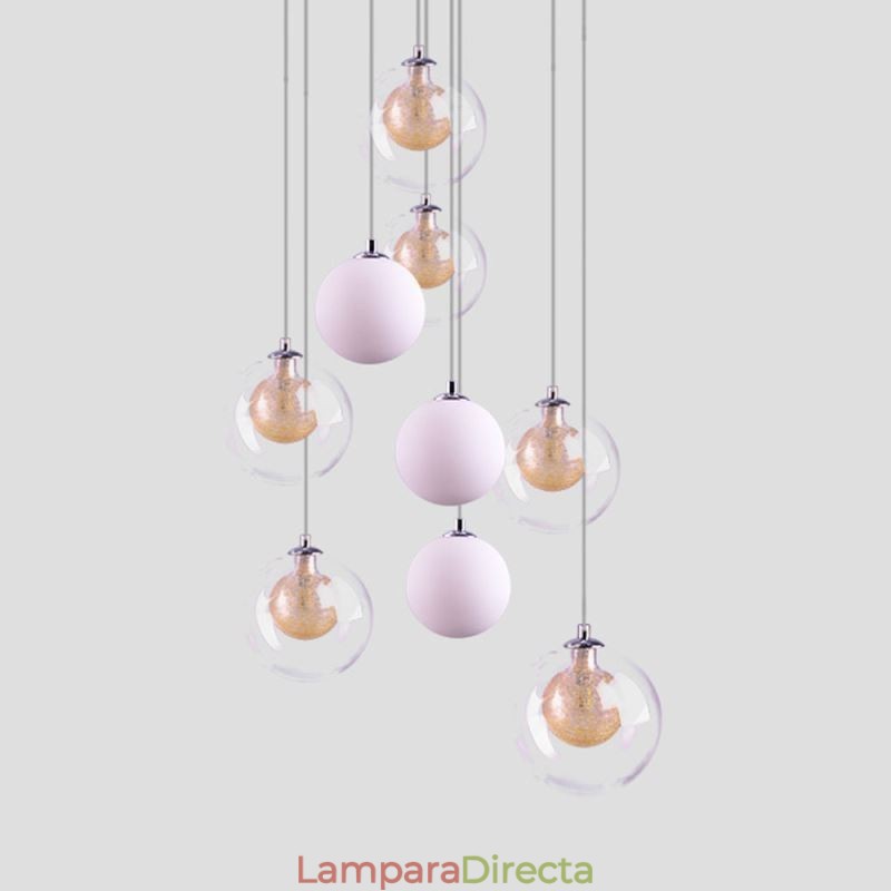 Lámpara colgante de techo de cristal en racimo, níquel dorado cepillado y bola de cristal lechoso
